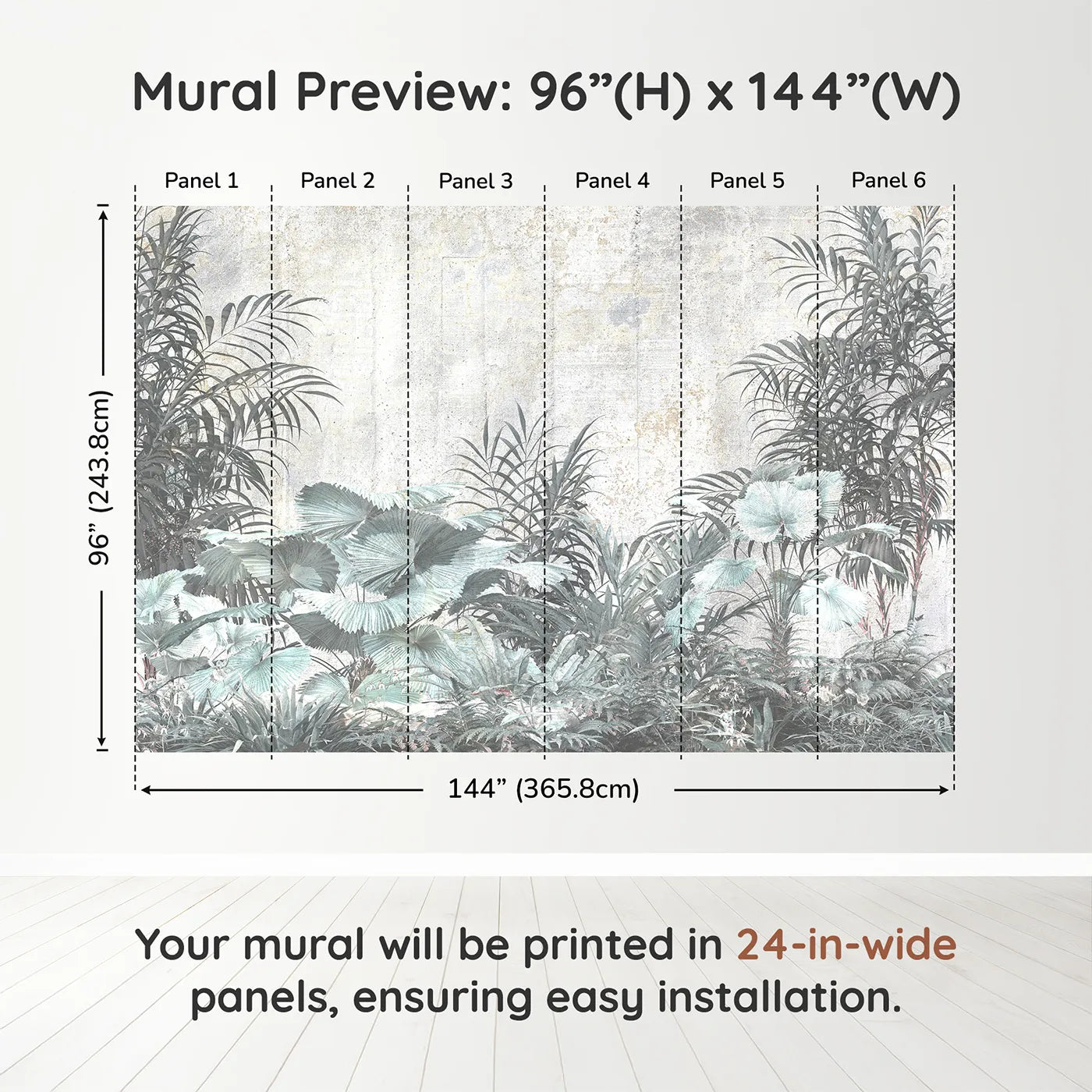 Whimsy Tots Muted Tropical Plants Wall Muraldimension view (96" H x 144" W). Printed in six 24-inch-wide panels. Gender-Neutral