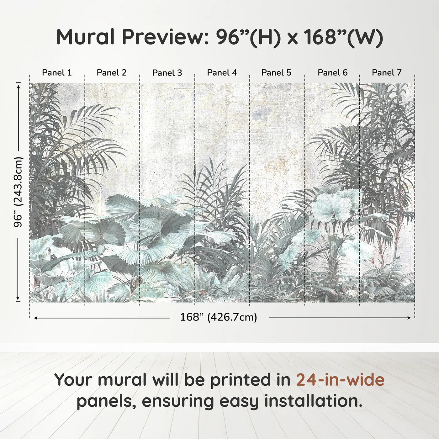 Whimsy Tots Muted Tropical Plants Wall Muraldimension view (96" H x 168" W). Printed in seven 24-inch-wide panels. Gender-Neutral