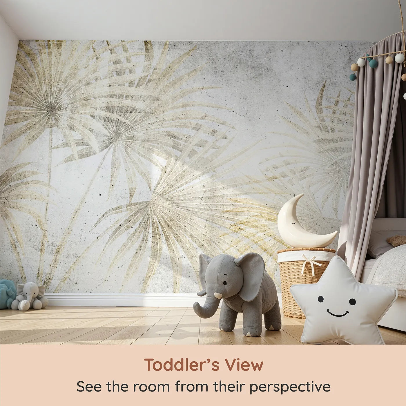 Whimsy Tots Golden Fan Palms Wall Mural (Turn Their Room into a Chic and Sunny Oasis) from your child's view.Gender-Neutral