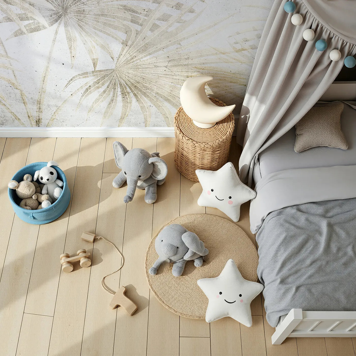Top-down view of Whimsy Tots' Golden Fan Palms Wall Mural (Turn Their Room into a Chic and Sunny Oasis).Gender-Neutral