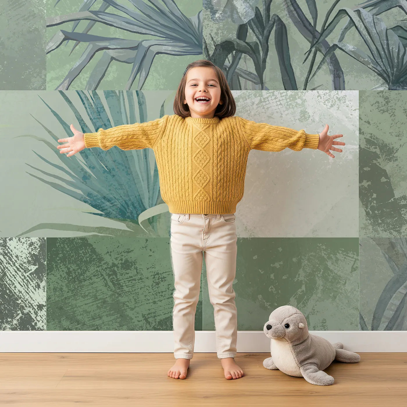 Child in front of Whimsy Tots Green Tropical Patchwork Wall Mural with tropical, leaf, patchwork, abstract, green, gray, modern, geometric in design.