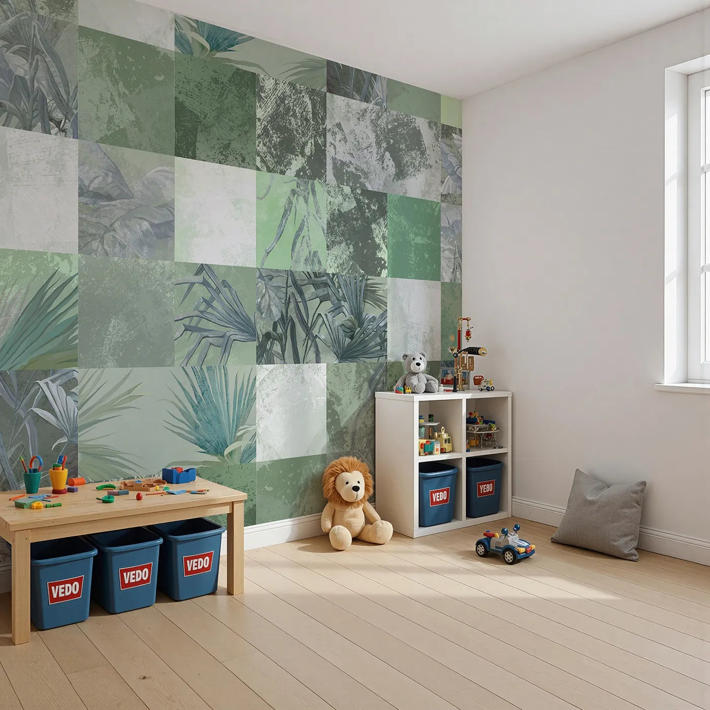 Angled view of Whimsy Tots' Green Tropical Patchwork Wall Mural (Turn Their Room into a Modern, Abstract Jungle).Gender-Neutral