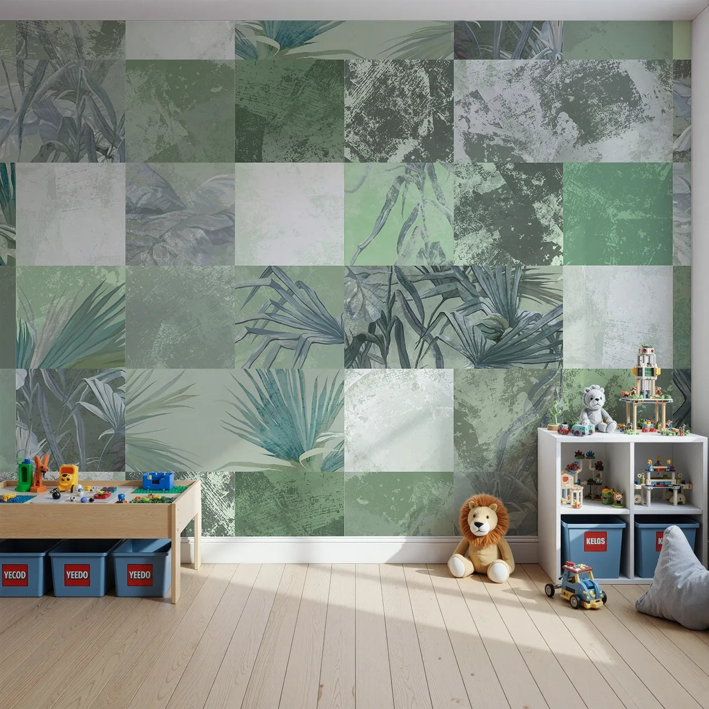 Front view of Whimsy Tots' Green Tropical Patchwork Wall Mural