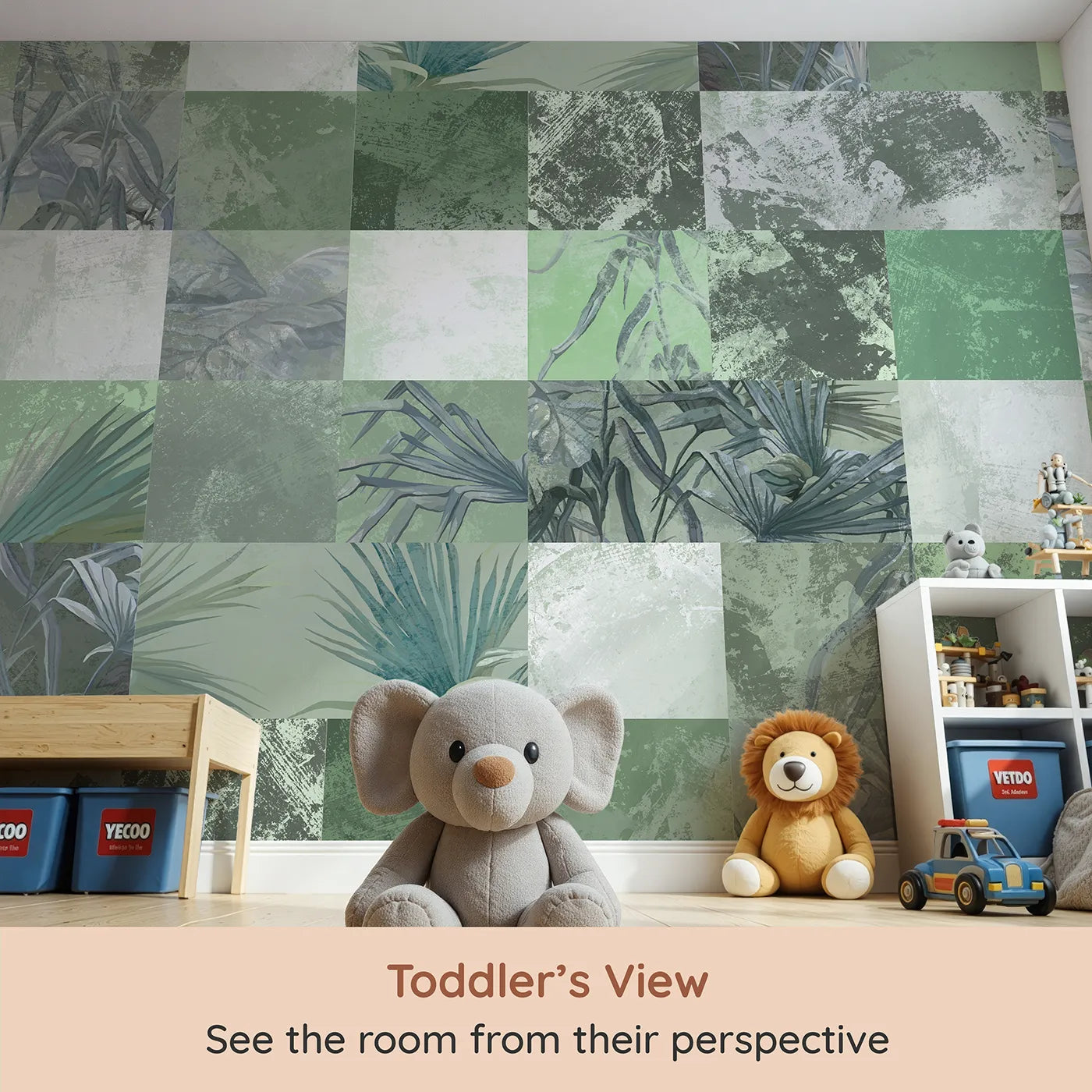 Whimsy Tots Green Tropical Patchwork Wall Mural (Turn Their Room into a Modern, Abstract Jungle) from your child's view.Gender-Neutral