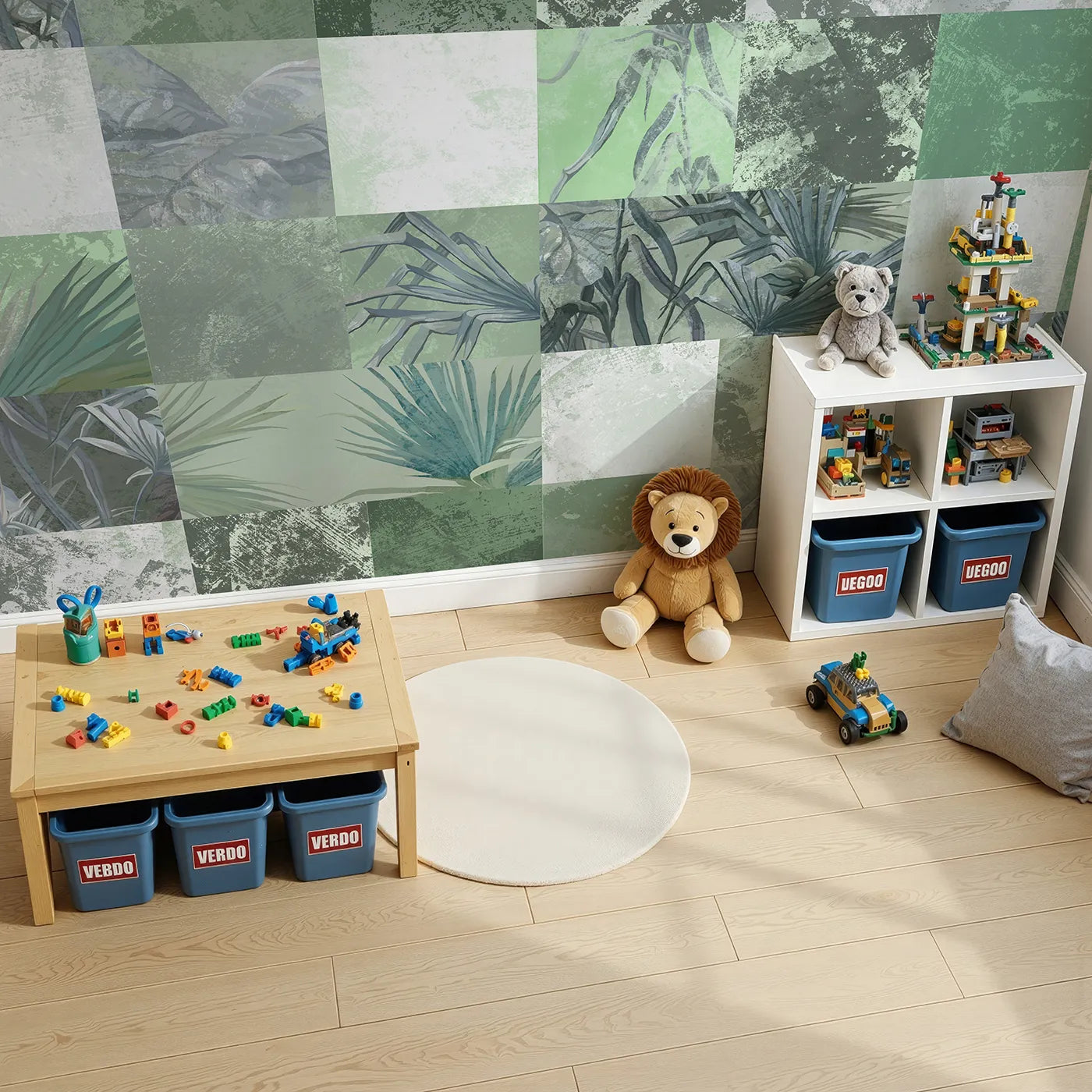 Top-down view of Whimsy Tots' Green Tropical Patchwork Wall Mural (Turn Their Room into a Modern, Abstract Jungle).Gender-Neutral