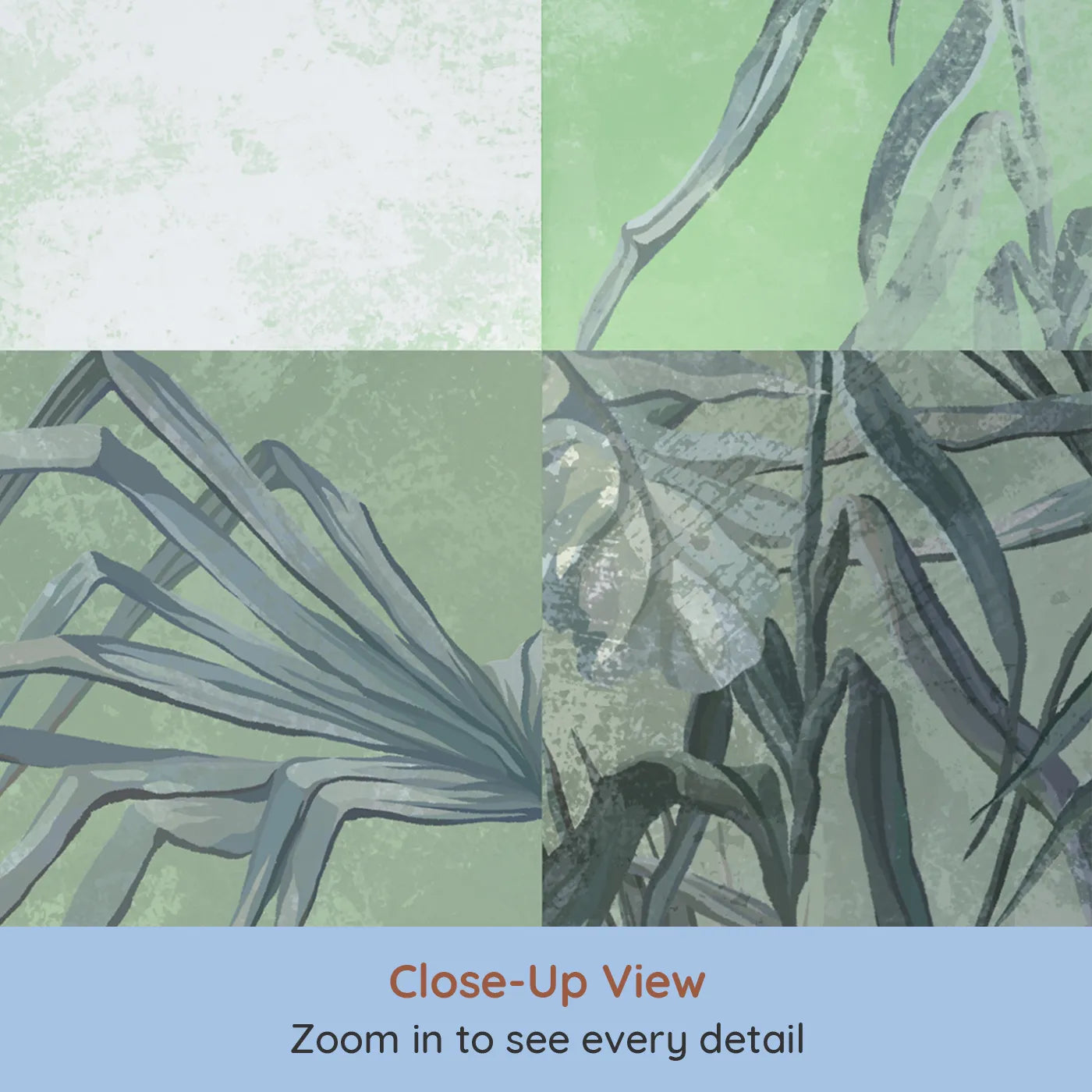 Close-up view of Whimsy Tots' Green Tropical Patchwork Wall Mural (Turn Their Room into a Modern, Abstract Jungle).Gender-Neutral
