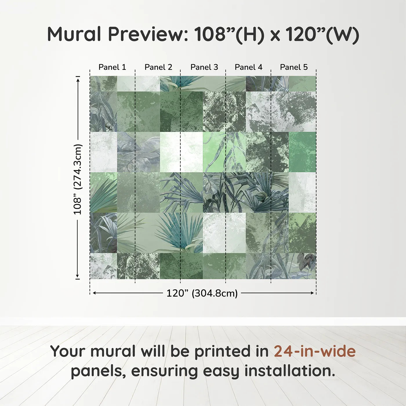 Whimsy Tots Green Tropical Patchwork Wall Muraldimension view (108" H x 120" W). Printed in five 24-inch-wide panels. Gender-Neutral