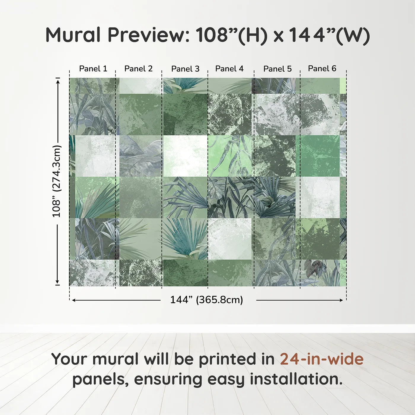 Whimsy Tots Green Tropical Patchwork Wall Muraldimension view (108" H x 144" W). Printed in six 24-inch-wide panels. Gender-Neutral