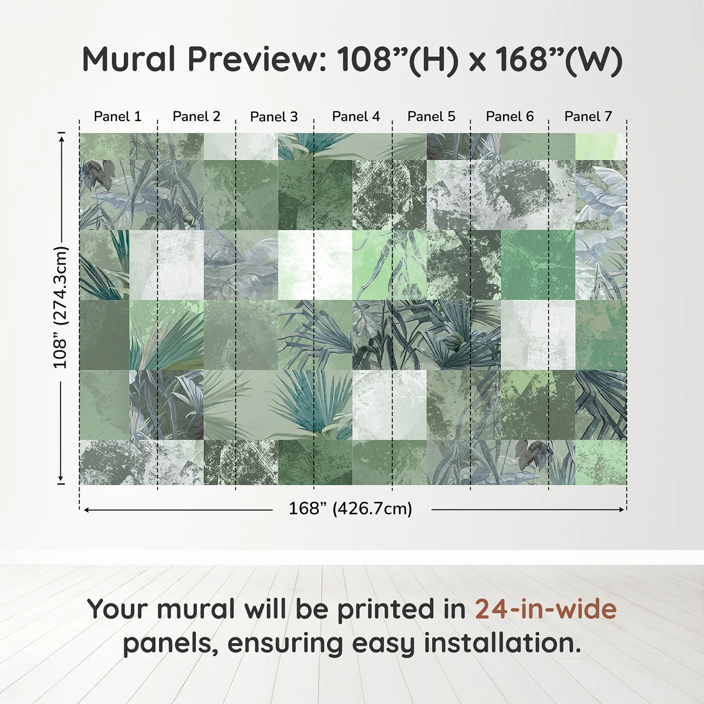 Whimsy Tots Green Tropical Patchwork Wall Muraldimension view (108" H x 168" W). Printed in seven 24-inch-wide panels. Gender-Neutral
