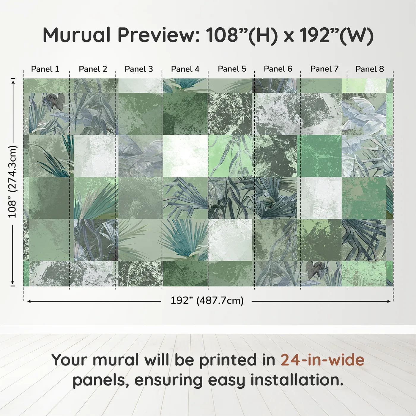 Whimsy Tots Green Tropical Patchwork Wall Muraldimension view (108" H x 192" W). Printed in eight 24-inch-wide panels. Gender-Neutral