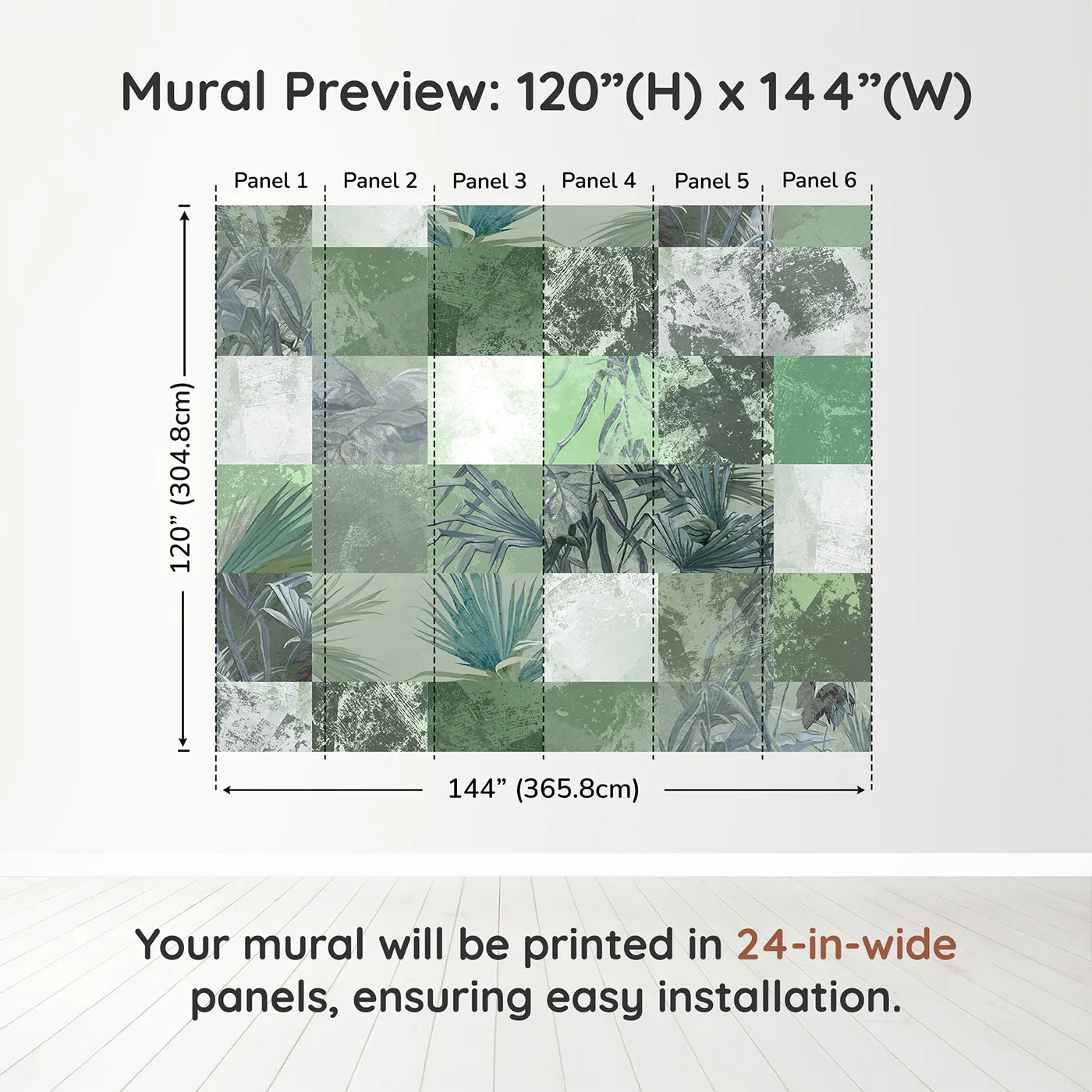 Whimsy Tots Green Tropical Patchwork Wall Muraldimension view (120" H x 144" W). Printed in six 24-inch-wide panels. Gender-Neutral