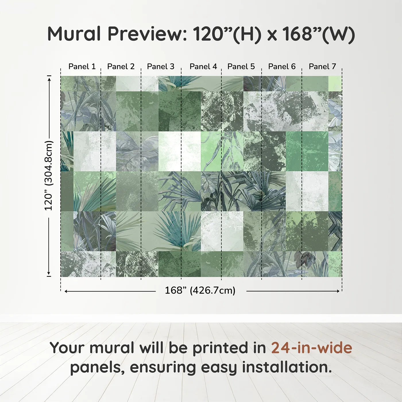 Whimsy Tots Green Tropical Patchwork Wall Muraldimension view (120" H x 168" W). Printed in seven 24-inch-wide panels. Gender-Neutral