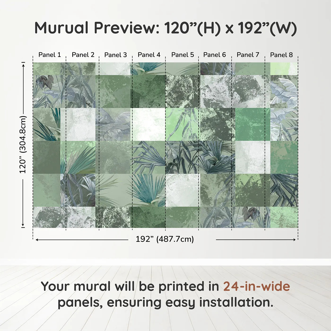 Whimsy Tots Green Tropical Patchwork Wall Muraldimension view (120" H x 192" W). Printed in eight 24-inch-wide panels. Gender-Neutral