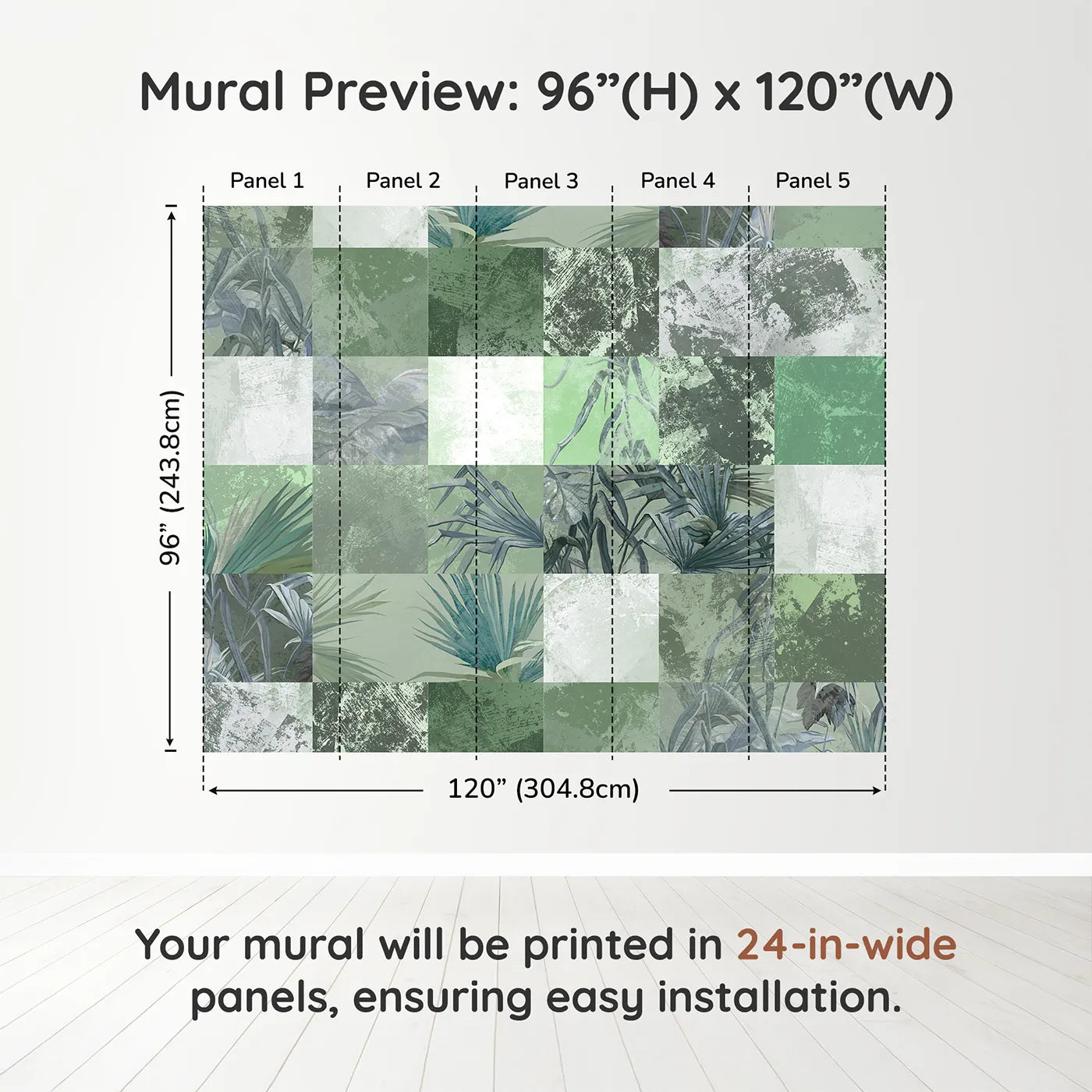 Whimsy Tots Green Tropical Patchwork Wall Muraldimension view (96" H x 120" W). Printed in five 24-inch-wide panels. Gender-Neutral