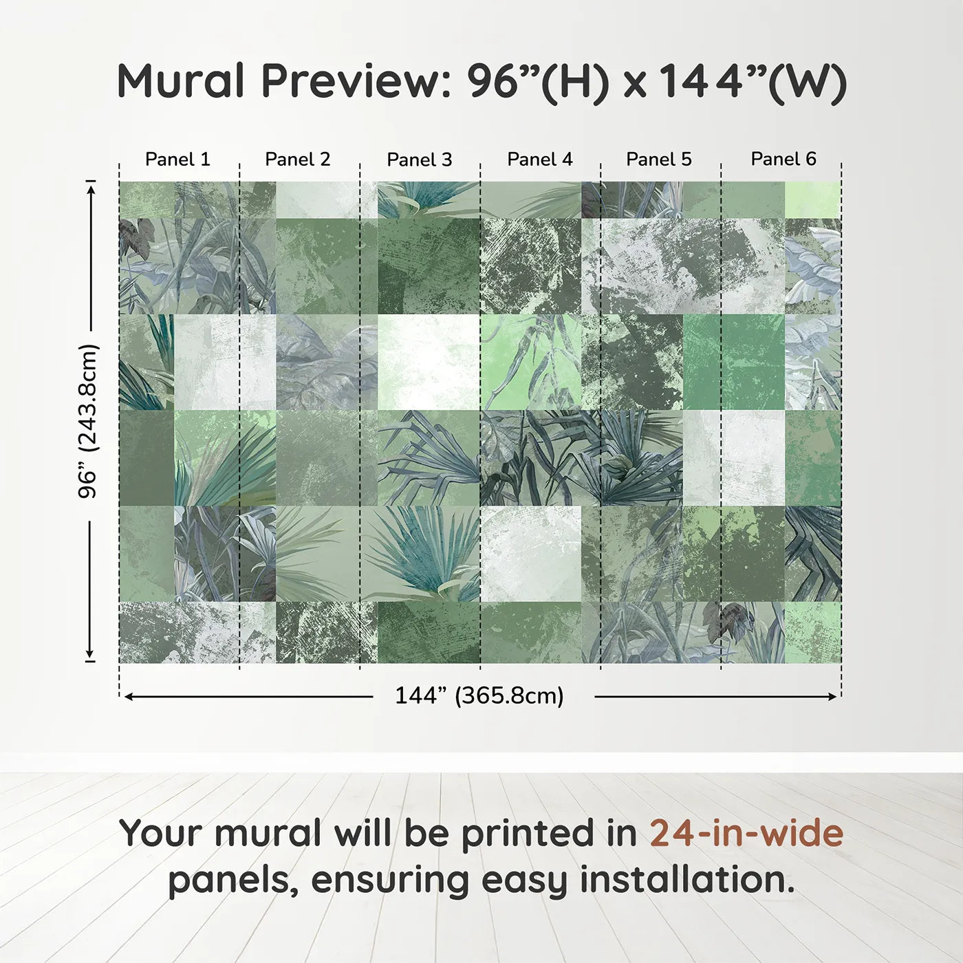Whimsy Tots Green Tropical Patchwork Wall Muraldimension view (96" H x 144" W). Printed in six 24-inch-wide panels. Gender-Neutral