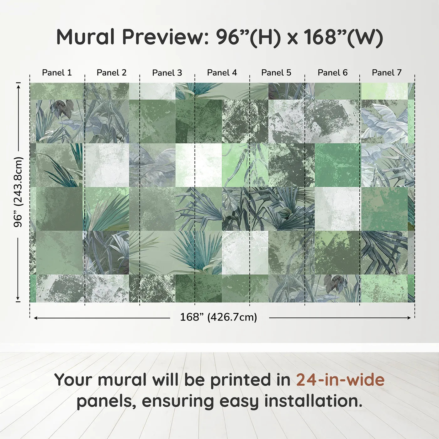 Whimsy Tots Green Tropical Patchwork Wall Muraldimension view (96" H x 168" W). Printed in seven 24-inch-wide panels. Gender-Neutral
