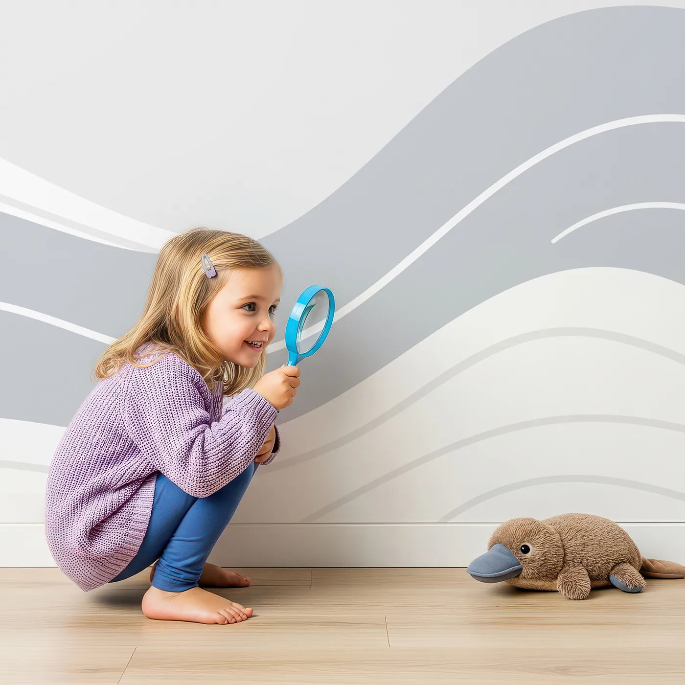 Child in front of Whimsy Tots Sleepy Whale in the Clouds Wall Mural with whale, sea, wave, cloud, star, cute, gray, nursery in design.