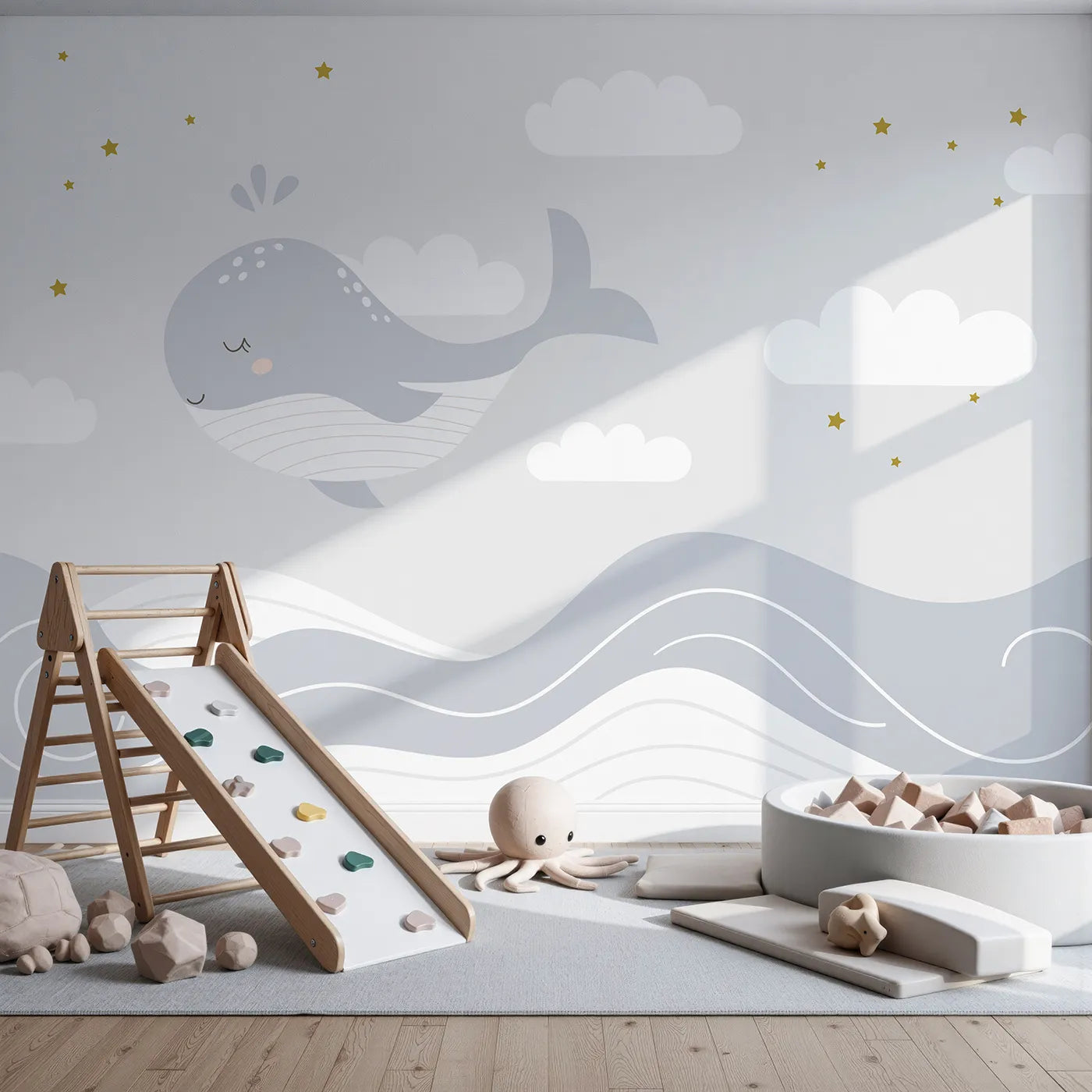 Front view of Whimsy Tots' Sleepy Whale in the Clouds Wall Mural