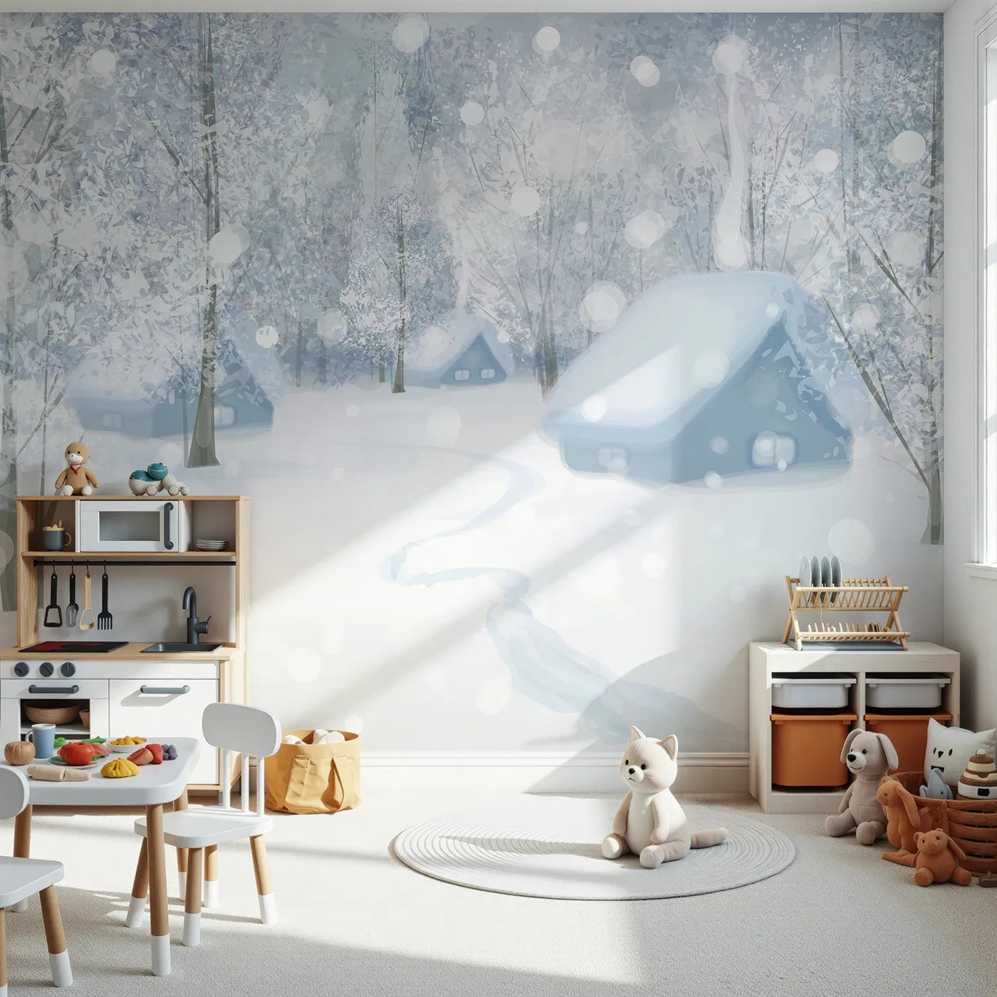 Front view of Whimsy Tots' Snowy Winter Village Wall Mural