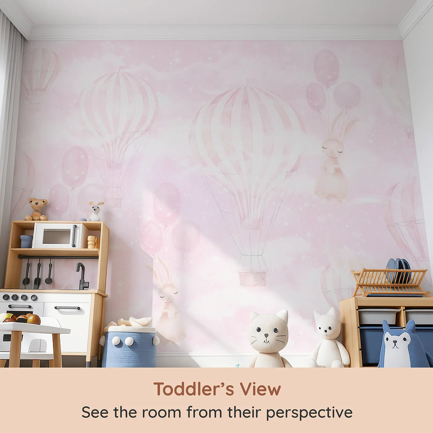 Whimsy Tots Pink Bunny Balloon Sky Wall Mural (Turn Their Room into the Sweetest, Dreamiest Sky Parade) from your child's view.Best for Girls