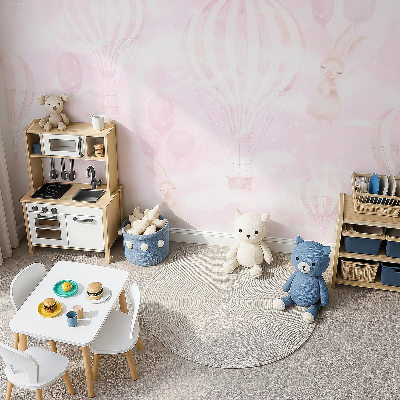 Top-down view of Whimsy Tots' Pink Bunny Balloon Sky Wall Mural (Turn Their Room into the Sweetest, Dreamiest Sky Parade).Best for Girls
