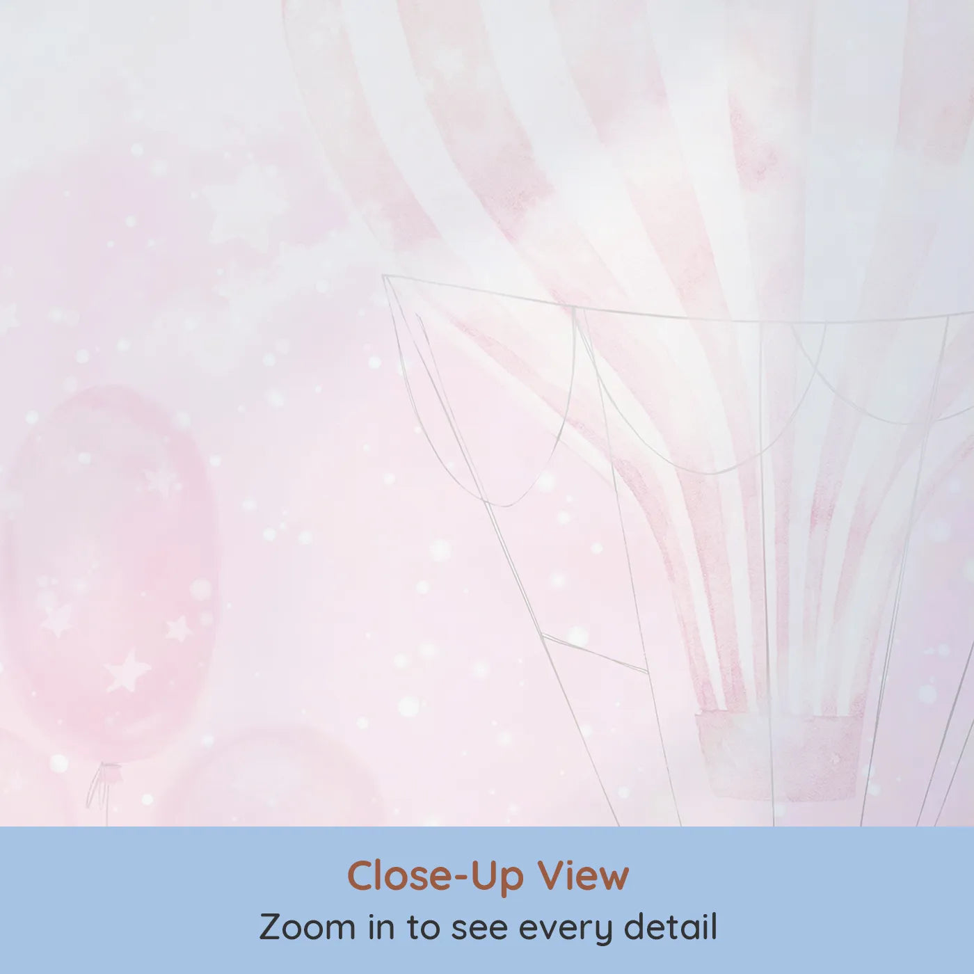 Close-up view of Whimsy Tots' Pink Bunny Balloon Sky Wall Mural (Turn Their Room into the Sweetest, Dreamiest Sky Parade).Best for Girls