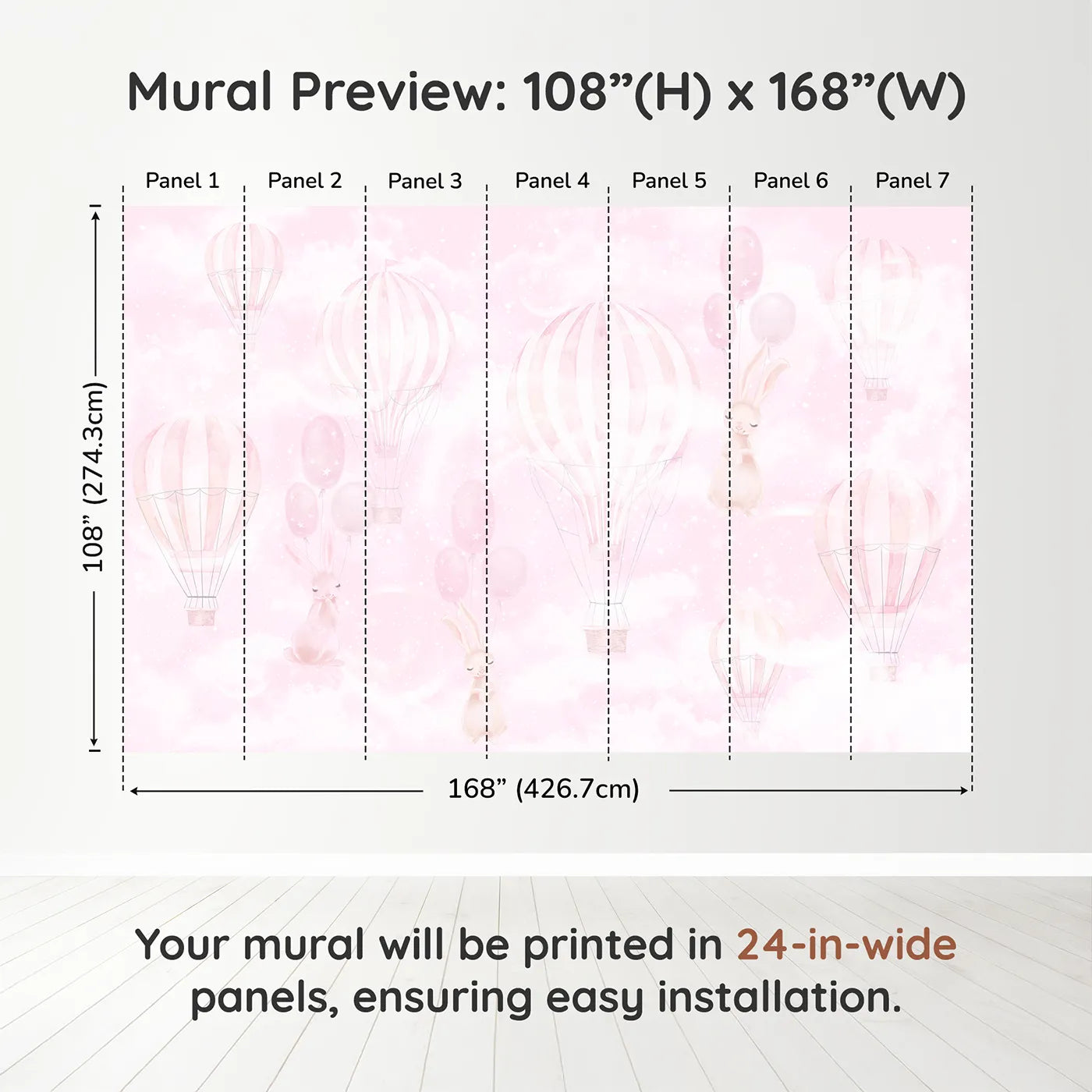 Whimsy Tots Pink Bunny Balloon Sky Wall Muraldimension view (108" H x 168" W). Printed in seven 24-inch-wide panels. Best for Girls