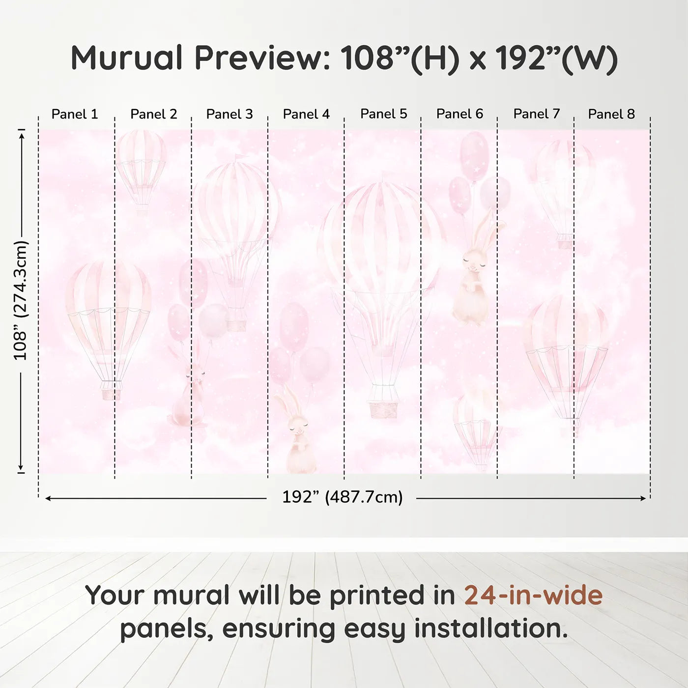 Whimsy Tots Pink Bunny Balloon Sky Wall Muraldimension view (108" H x 192" W). Printed in eight 24-inch-wide panels. Best for Girls