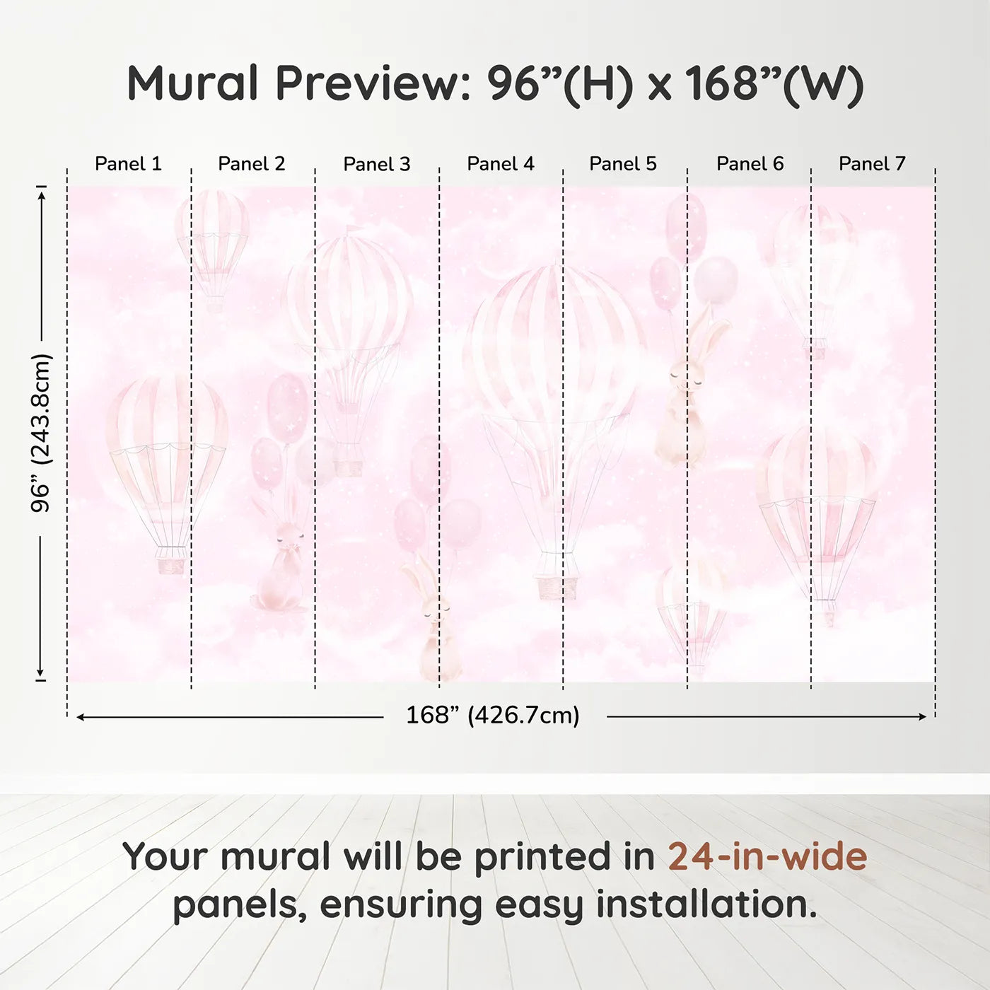 Whimsy Tots Pink Bunny Balloon Sky Wall Muraldimension view (96" H x 168" W). Printed in seven 24-inch-wide panels. Best for Girls