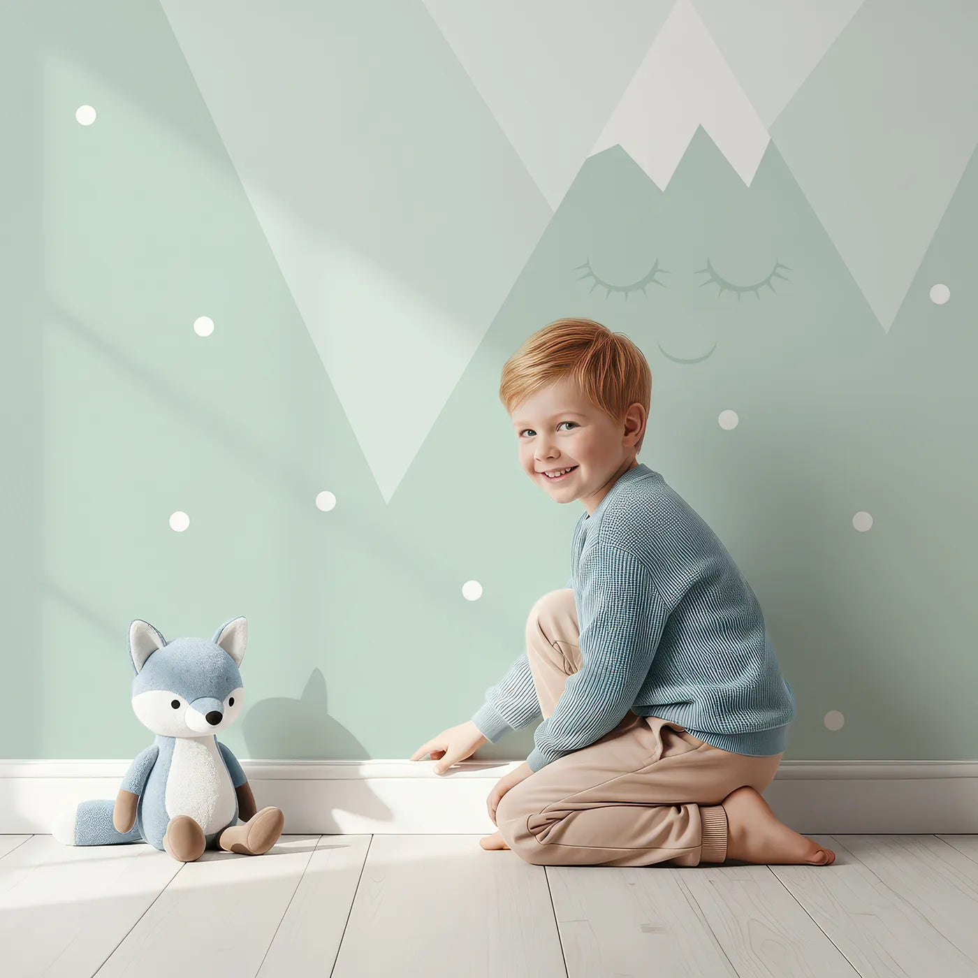 Child in front of Whimsy Tots Sleeping Mountains Wall Mural in Green with mountain, sleep, moon, cute, green, nursery, balloon, calm in design.