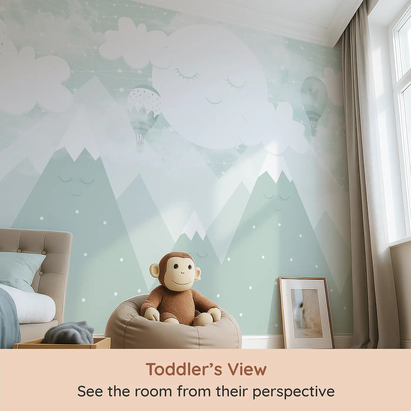 Whimsy Tots Sleeping Mountains Wall Mural in Green (Turn Their Room into a Land of Sleepy, Gentle Giants) from your child's view.Gender-Neutral