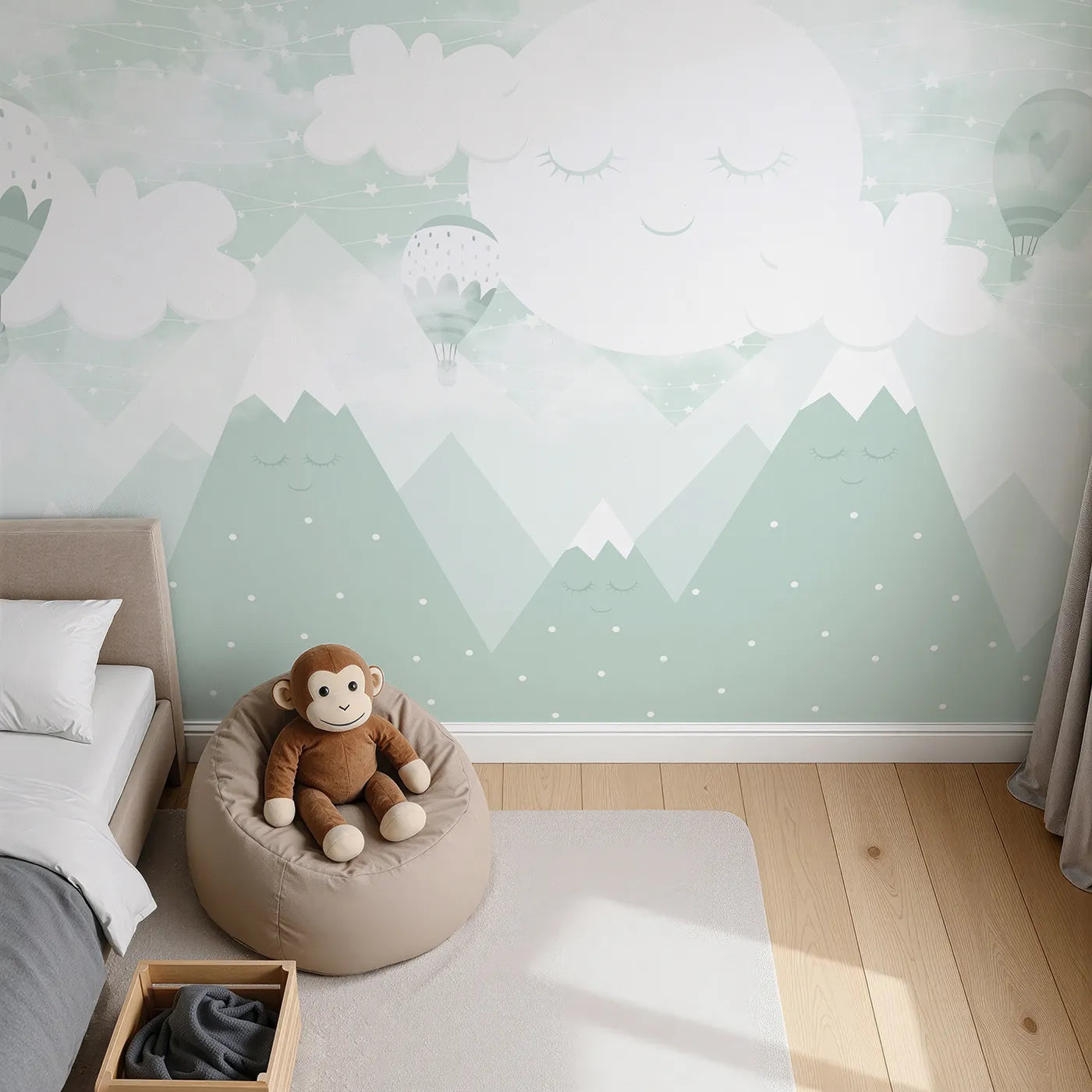 Top-down view of Whimsy Tots' Sleeping Mountains Wall Mural in Green (Turn Their Room into a Land of Sleepy, Gentle Giants).Gender-Neutral