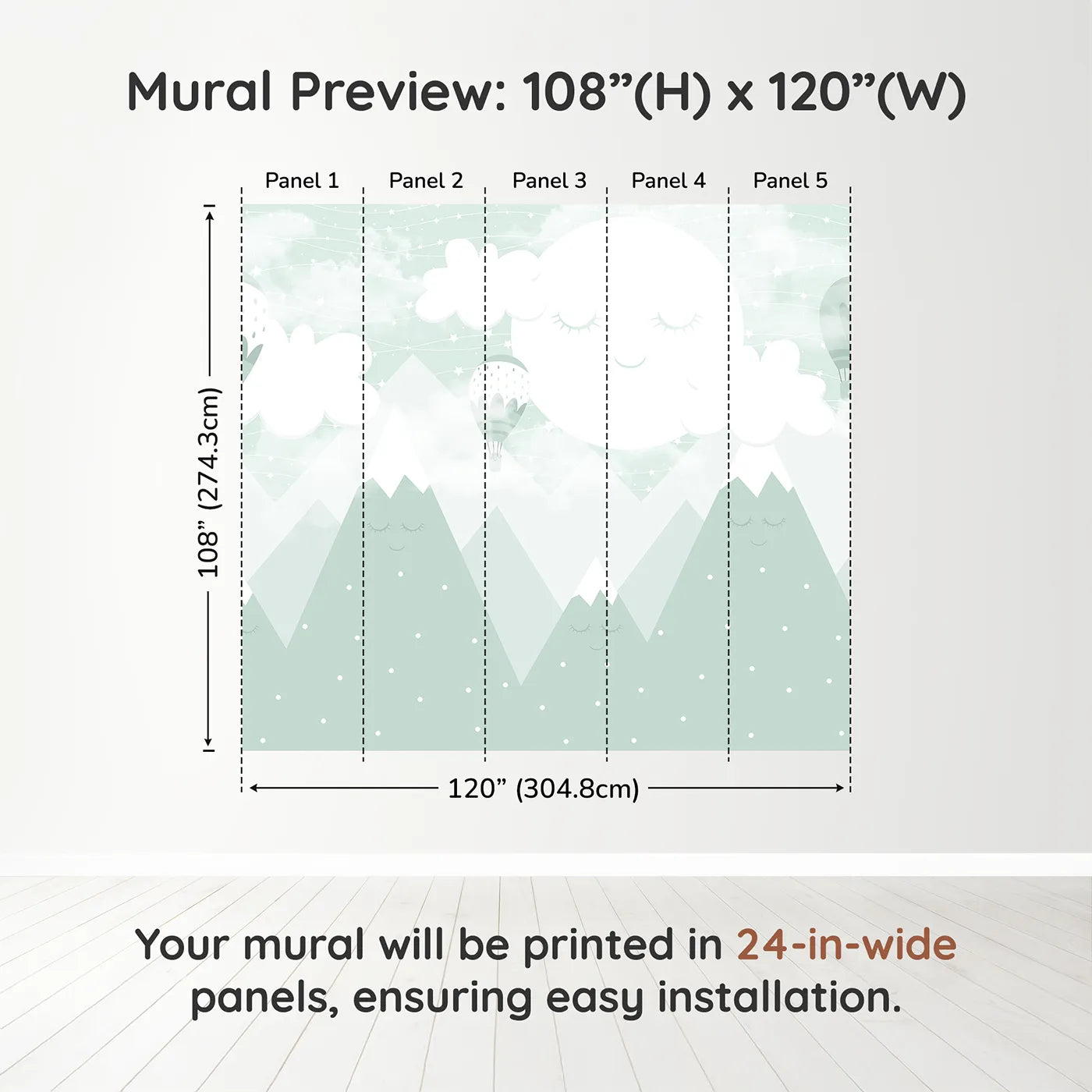 Whimsy Tots Sleeping Mountains Wall Mural in Greendimension view (108" H x 120" W). Printed in five 24-inch-wide panels. Gender-Neutral