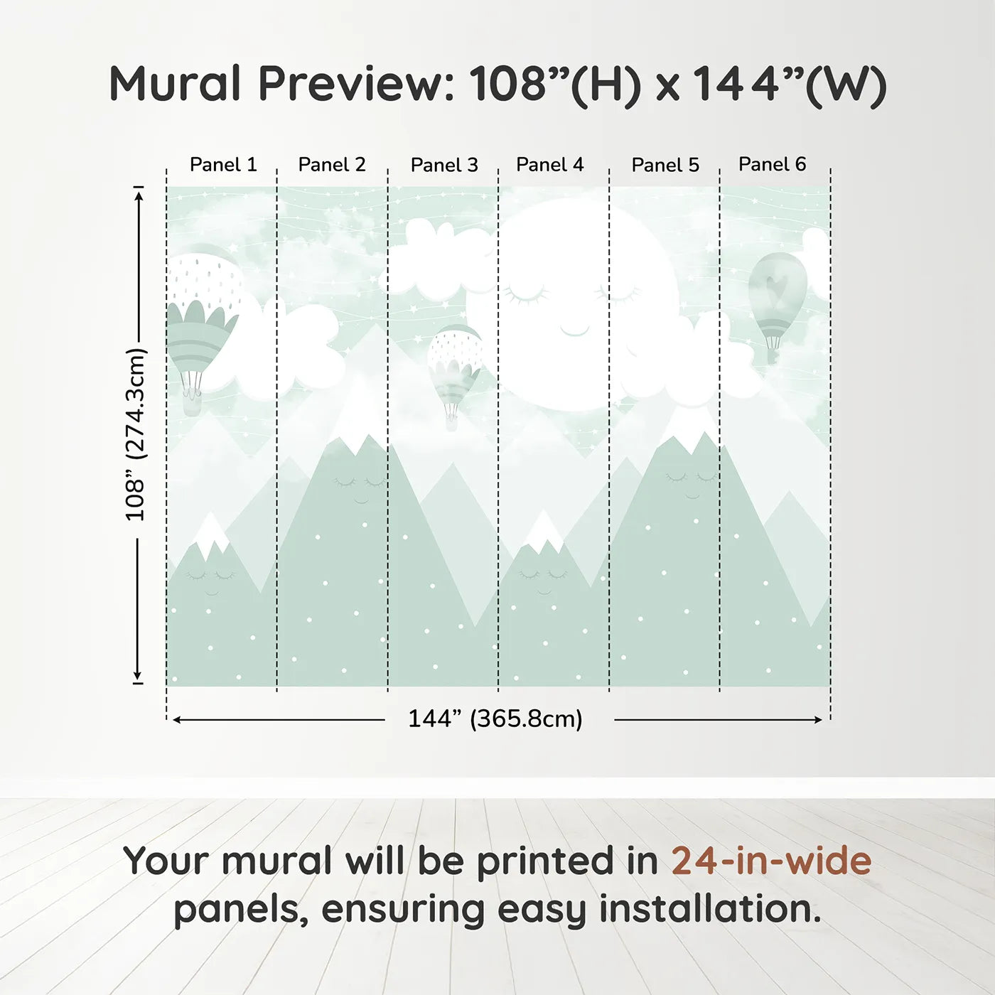 Whimsy Tots Sleeping Mountains Wall Mural in Greendimension view (108" H x 144" W). Printed in six 24-inch-wide panels. Gender-Neutral