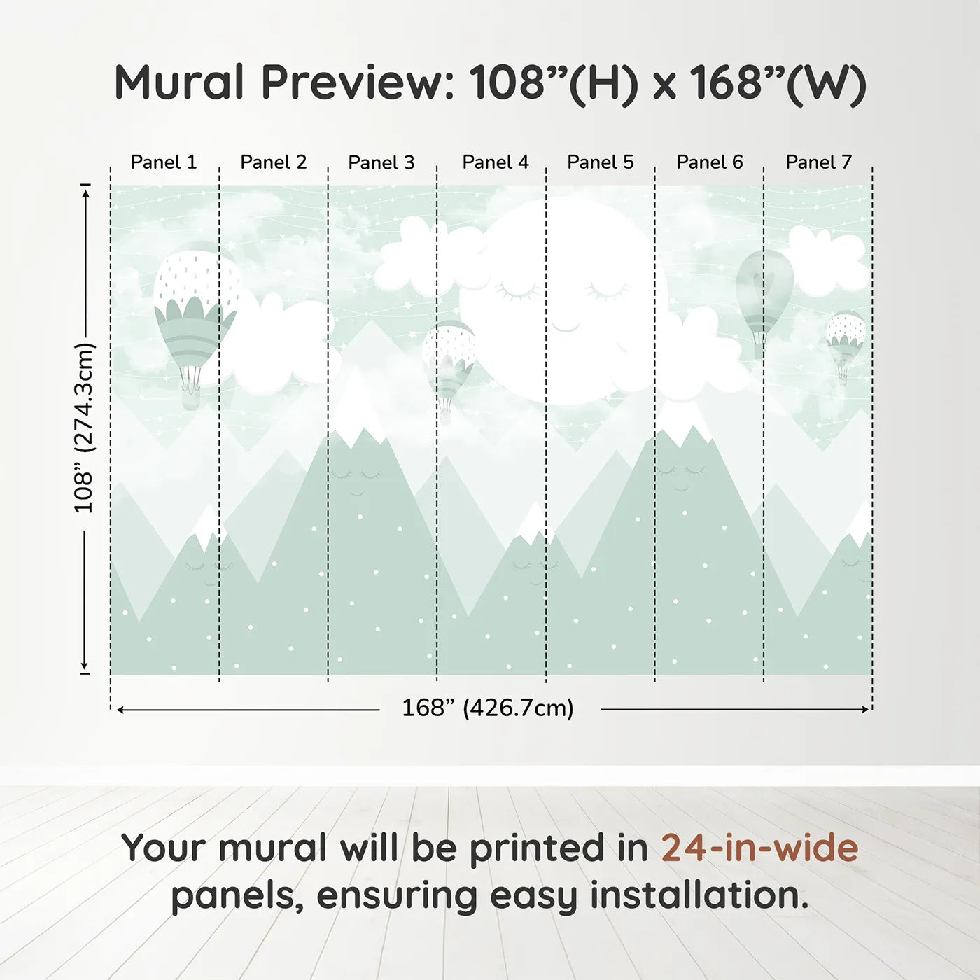 Whimsy Tots Sleeping Mountains Wall Mural in Greendimension view (108" H x 168" W). Printed in seven 24-inch-wide panels. Gender-Neutral