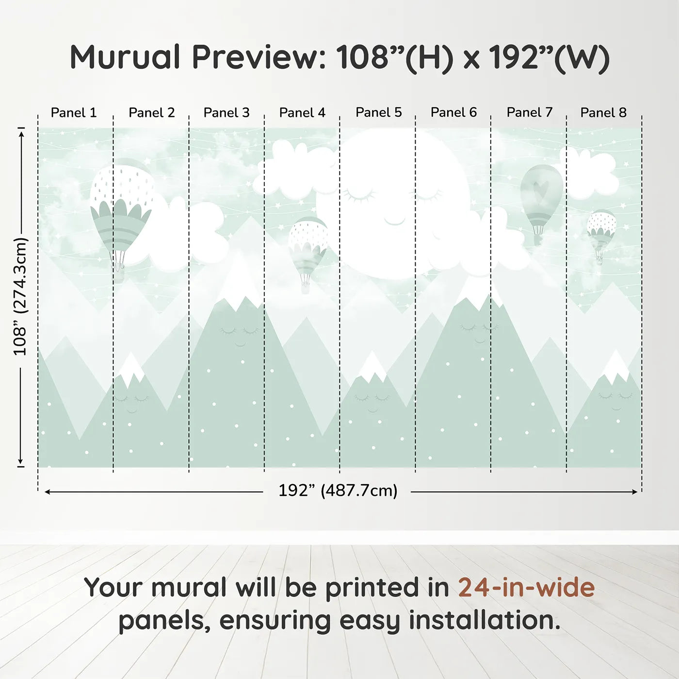 Whimsy Tots Sleeping Mountains Wall Mural in Greendimension view (108" H x 192" W). Printed in eight 24-inch-wide panels. Gender-Neutral