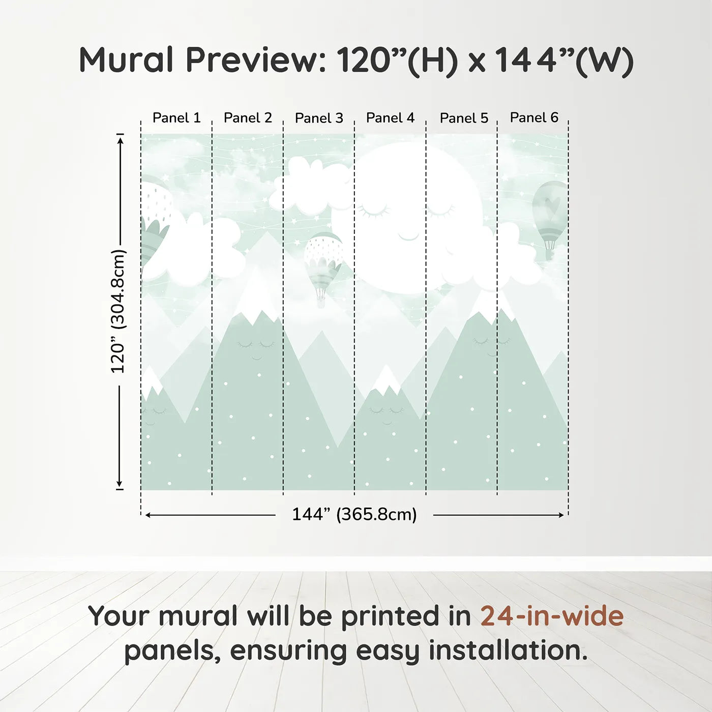 Whimsy Tots Sleeping Mountains Wall Mural in Greendimension view (120" H x 144" W). Printed in six 24-inch-wide panels. Gender-Neutral