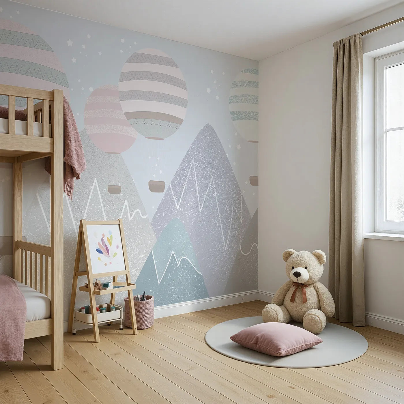 Angled view of Whimsy Tots' Textured Mountain Balloons Wall Mural (Turn Their Room into a Modern, Mountaintop Adventure).Gender-Neutral