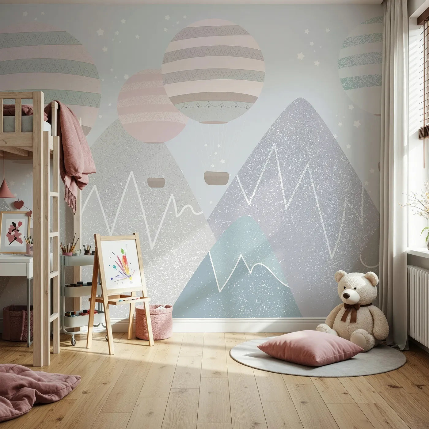 Front view of Whimsy Tots' Textured Mountain Balloons Wall Mural