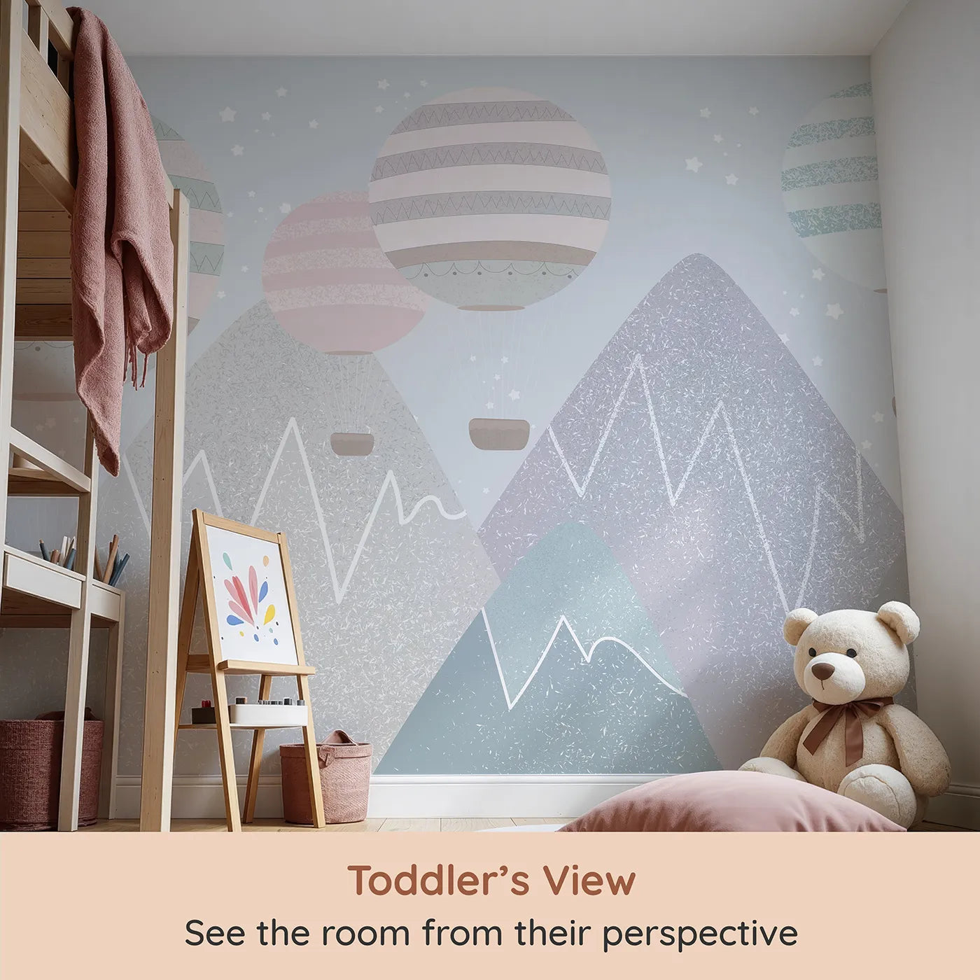 Whimsy Tots Textured Mountain Balloons Wall Mural (Turn Their Room into a Modern, Mountaintop Adventure) from your child's view.Gender-Neutral