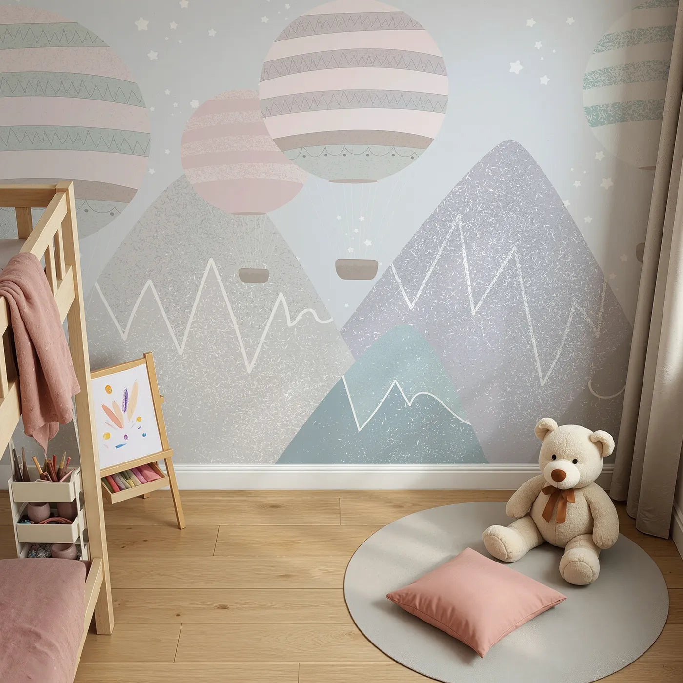 Top-down view of Whimsy Tots' Textured Mountain Balloons Wall Mural (Turn Their Room into a Modern, Mountaintop Adventure).Gender-Neutral