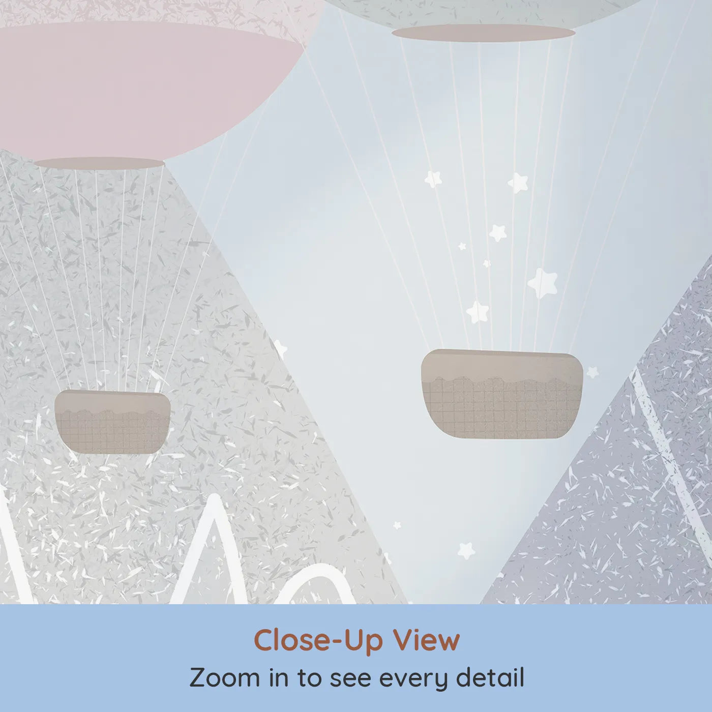 Close-up view of Whimsy Tots' Textured Mountain Balloons Wall Mural (Turn Their Room into a Modern, Mountaintop Adventure).Gender-Neutral