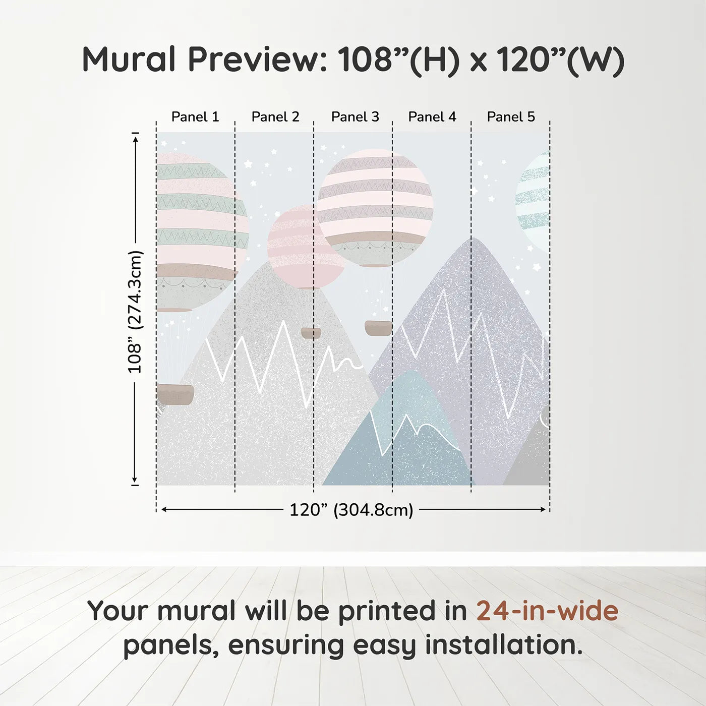 Whimsy Tots Textured Mountain Balloons Wall Muraldimension view (108" H x 120" W). Printed in five 24-inch-wide panels. Gender-Neutral