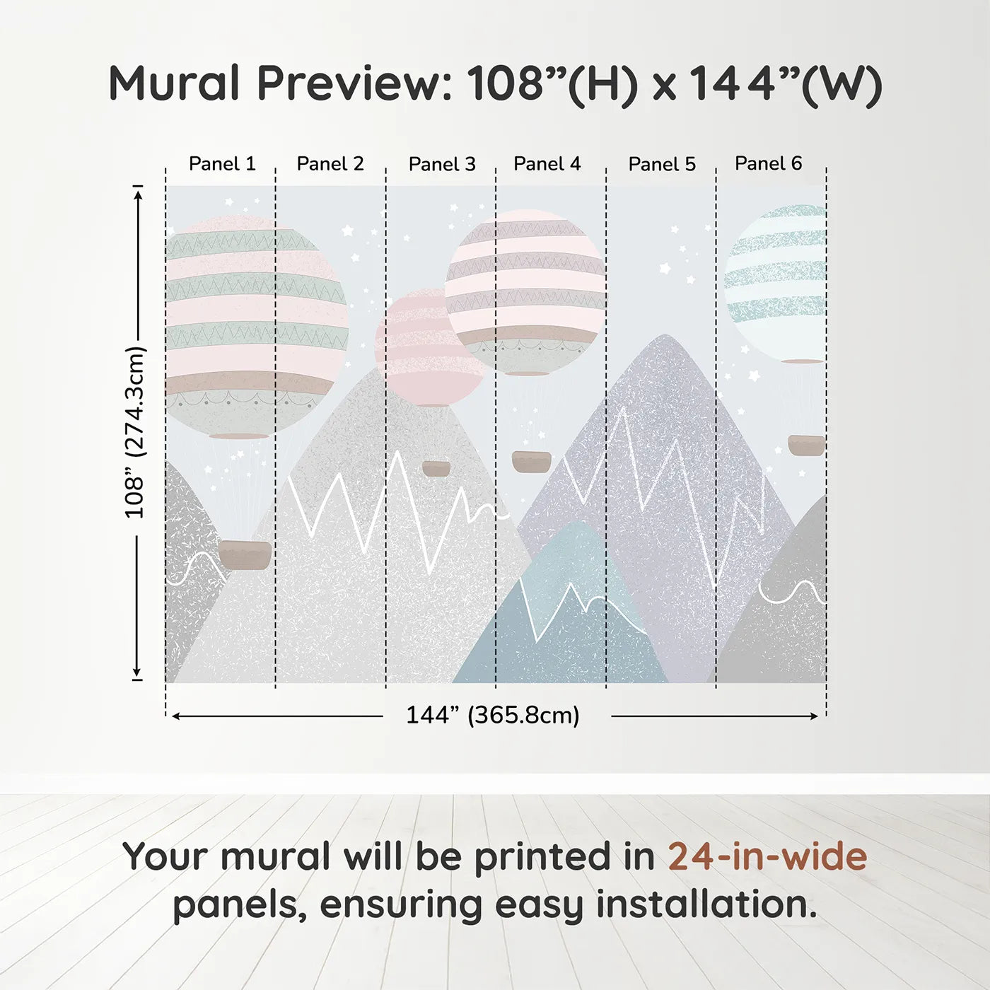 Whimsy Tots Textured Mountain Balloons Wall Muraldimension view (108" H x 144" W). Printed in six 24-inch-wide panels. Gender-Neutral