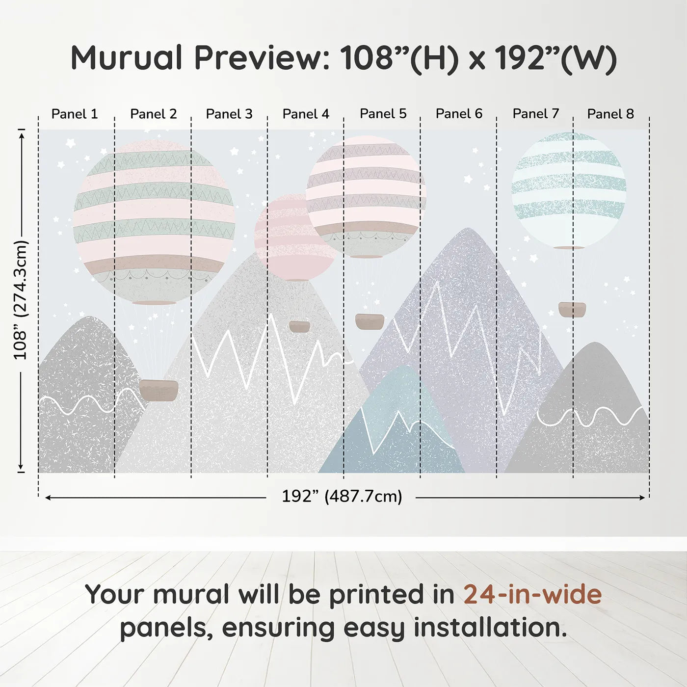 Whimsy Tots Textured Mountain Balloons Wall Muraldimension view (108" H x 192" W). Printed in eight 24-inch-wide panels. Gender-Neutral