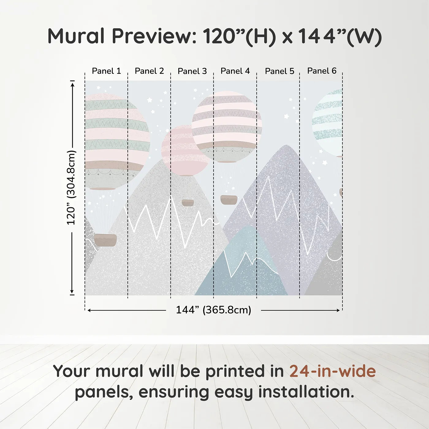 Whimsy Tots Textured Mountain Balloons Wall Muraldimension view (120" H x 144" W). Printed in six 24-inch-wide panels. Gender-Neutral
