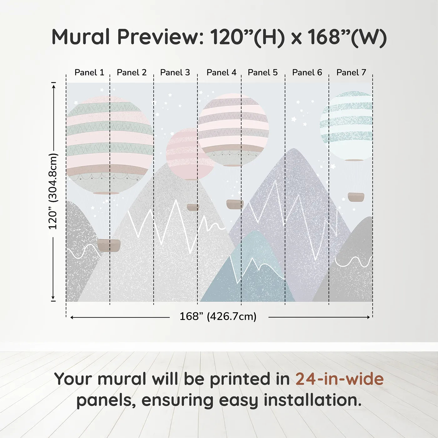 Whimsy Tots Textured Mountain Balloons Wall Muraldimension view (120" H x 168" W). Printed in seven 24-inch-wide panels. Gender-Neutral