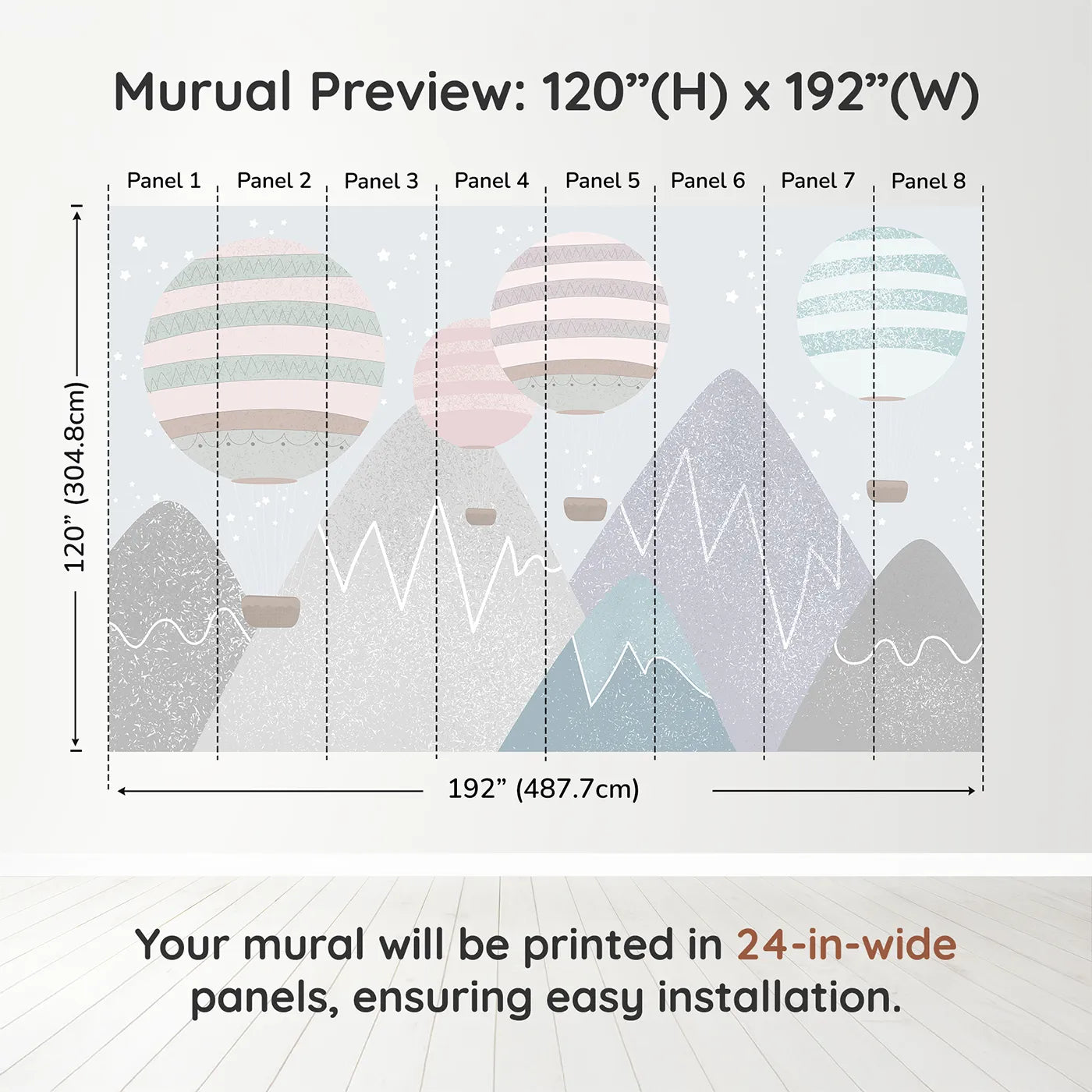 Whimsy Tots Textured Mountain Balloons Wall Muraldimension view (120" H x 192" W). Printed in eight 24-inch-wide panels. Gender-Neutral