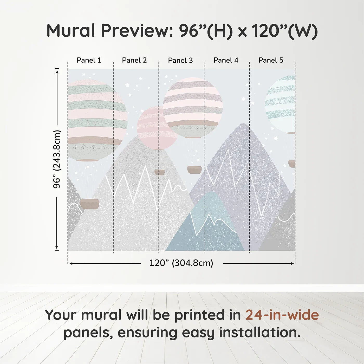 Whimsy Tots Textured Mountain Balloons Wall Muraldimension view (96" H x 120" W). Printed in five 24-inch-wide panels. Gender-Neutral