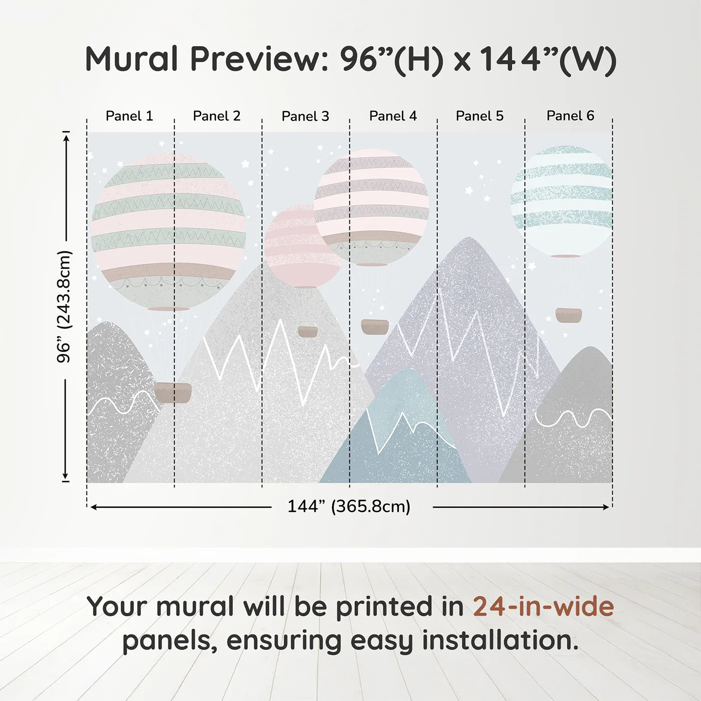 Whimsy Tots Textured Mountain Balloons Wall Muraldimension view (96" H x 144" W). Printed in six 24-inch-wide panels. Gender-Neutral